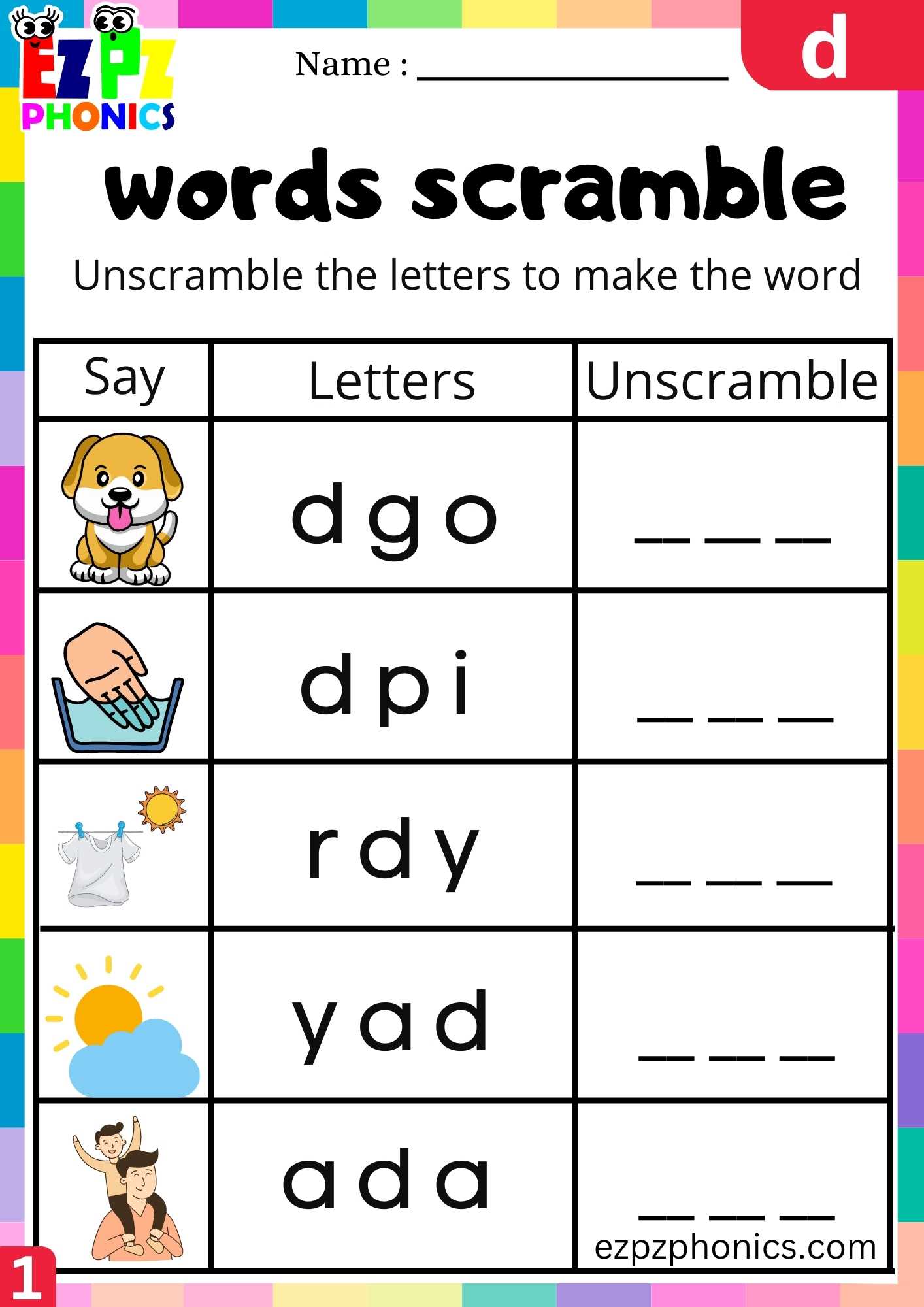 Letter D Words Scramble Beginning Sounds Worksheet